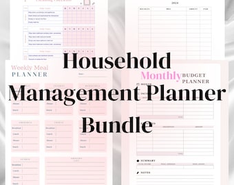 Household Planner Printable | Home Management Bundle | Editable Cleaning Schedule | Monthly Bill Tracker | Yearly Bills Weekly Meal Planner