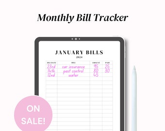 May include: A digital tablet displaying a monthly bill tracker for January 2024. The tracker has columns for due date, bill, amount, and paid. The bill tracker is filled out with sample bills, including car insurance, pest control, and water. The tablet is on a white surface with a white stylus next to it.
