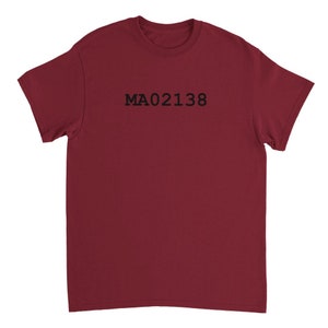 May include: A maroon t-shirt with the text "MA02138" printed in black on the front.