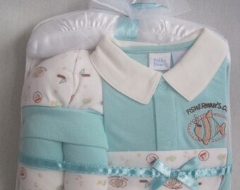 Cute baby gift set first set “Fish turquoise” newborn 6-piece cotton