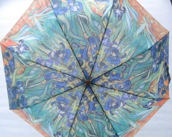 Parapluie de poche de bon goût avec impression d'art Van Gogh Agapanthus avec ouverture automatique et poignée en bois