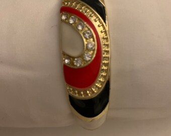 Bracelet femme aspect émail blanc/rouge/noir avec 8 pierres blanches