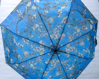 Elégant parapluie de poche poétique Van Gogh Fleur d'Amandier avec ouverture automatique et manche en bois