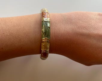 Discreet women's bracelet/bangle, enamel look, hand-painted rose, beige, green with snap closure, new!