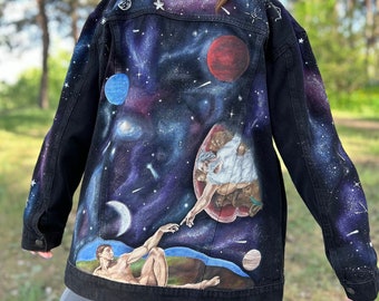 Cosmos Style: Custom Cosmos Denim Jacket with Celestial Flair, Personalized for the Cosmic Soul, Unique Bomber for Men or Women, HandPainted
