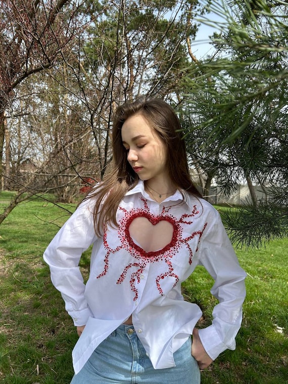 SALE! Beaded Heart Valentine's Shirt: Embroidered Women's Blouse