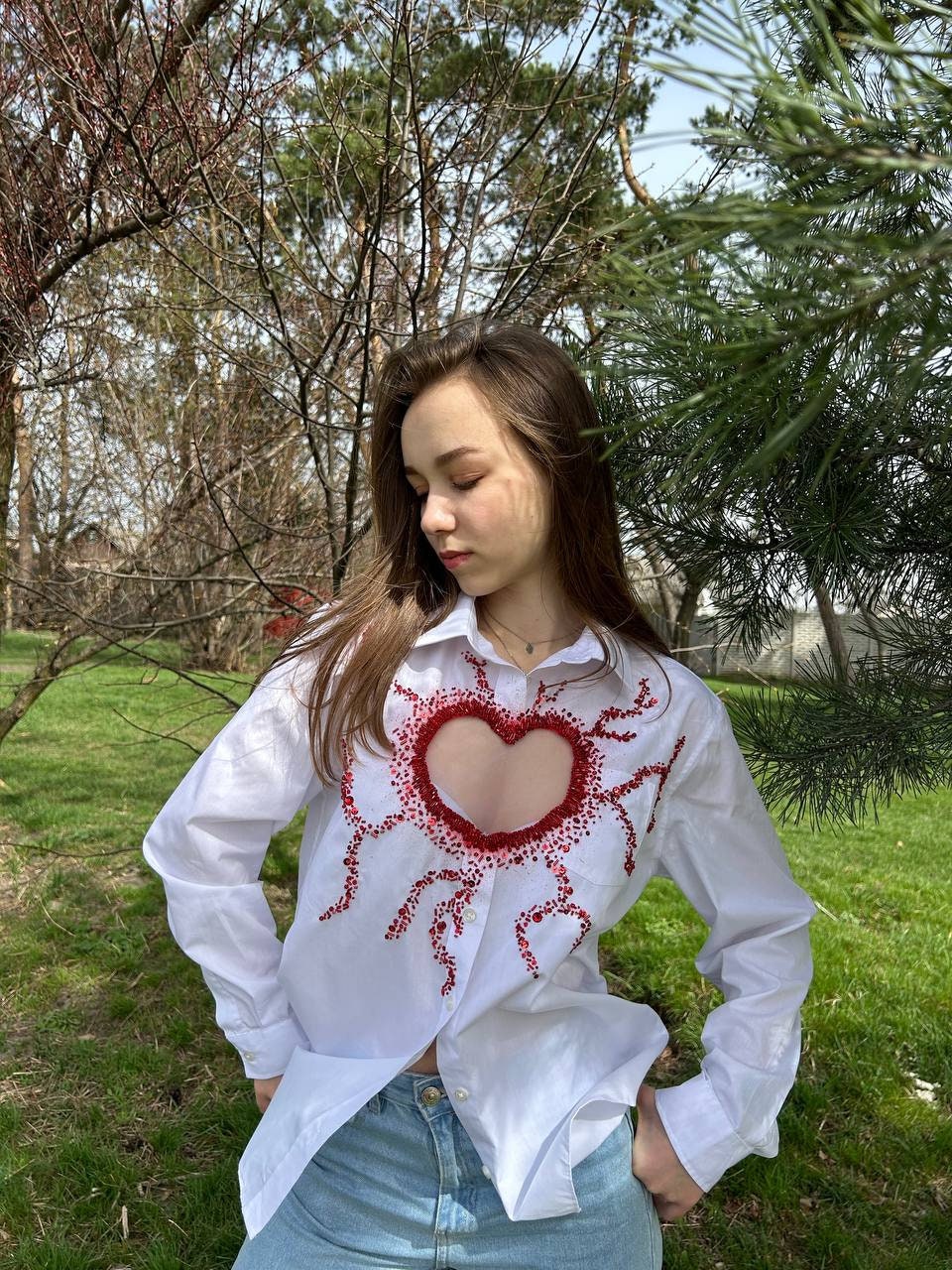 SALE! Beaded Heart Valentine's Shirt: Embroidered Women's Blouse