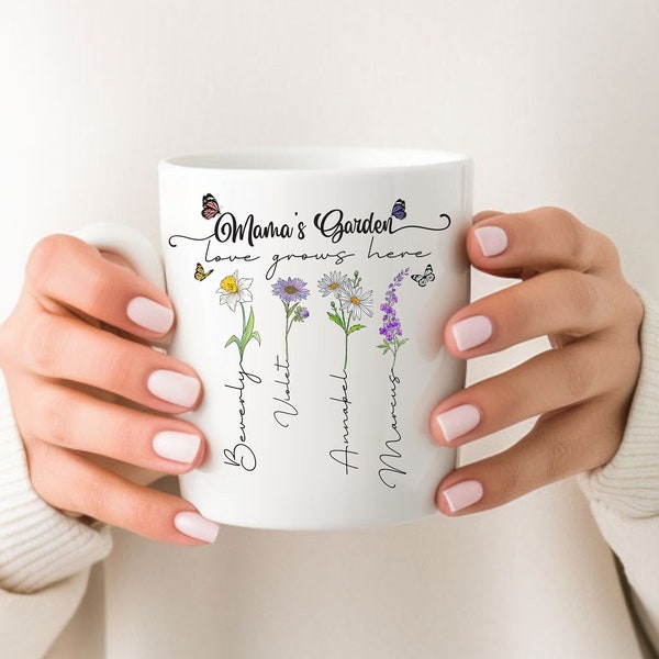 Gepersonaliseerde koffiemok, Mama's Garden koffie mok, Te personaliseren met de namen en geboorte bloemen van haar kinderen, Custom mok