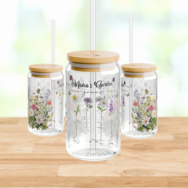 Gepersonaliseerde Libbey glass, Mama's Garden, Te personaliseeren met de namen en geboorte bloemen van haar kinderen. Cadeau para mamá
