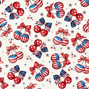 Patrón sin costuras de cerezas del 4 de julio, cerezas patrióticas sin costuras, lazo de coqueta rojo, blanco y azul sin costuras, diseño de estrellas y rayas de EE. UU.