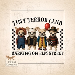 Halloween Tiny Terror Club PNG, cane Chihuahua spettrale per sublimazione, grafica di cucciolo horror, download digitale
