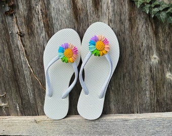 Elegant Ladies' Summer FlipFlop -White with Vibrant Handmade Rainbow Colour Flower, Stylish & Comfy, Great for Vacation or as a Gift for her