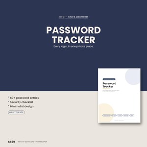 Password Tracker Printable, Security Checklist, Login Organizer (Instant Download)