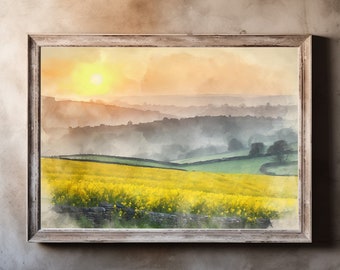 Sun over the Yorkshire Rapeseed Fields - Watercolour