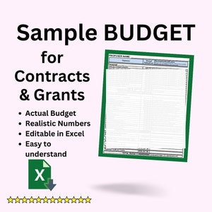 Puede incluir: Una plantilla de presupuesto de muestra verde y blanca para contratos y subvenciones. La plantilla es editable en Excel e incluye una sección para "Nombre del Proponente", "Gasto", "Cantidad del Costo Total", y "Descripción de los Artículos/Costos". La plantilla también incluye una sección para "Presupuesto Total".
