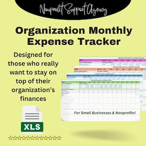 Op de afbeelding: Een kleurrijke digitale download voor een maandelijkse uitgaven-tracker spreadsheet voor organisaties. De spreadsheet is ontworpen voor kleine bedrijven en non-profitorganisaties. De tekst "Maandelijkse uitgaven-tracker voor organisaties" staat in een groot, vet lettertype. De tekst "Ontworpen voor degenen die echt de controle willen houden over de financiën van hun organisatie" staat in een kleiner lettertype. De tekst "Voor kleine bedrijven en non-profitorganisaties!" staat in een kleiner lettertype. De spreadsheet is in Excel-formaat, aangegeven door het "XLS"-pictogram.