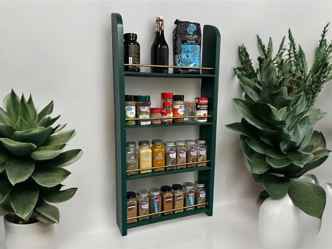 Handcrafted Spice Rack With Gold Brass Rod – Solid Wood, Rustic Kitchen ...