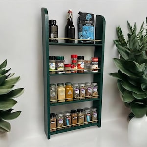 Handcrafted Spice Rack with Gold Brass Rod – Solid Wood, Rustic Kitchen Pantry Organizer