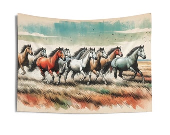 Horses Running Wild Tapestry - Vintage Sketch Watercolor Art - Red & Sea-Fo Palette-Tapestry-Wall Art