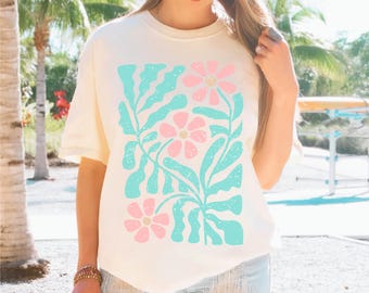 Pastell Retro Blumen T-Shirt, Buntes Grafik-T-Shirt, Komfortfarben, Elfenbein, Unisex Fit, Größe S-3XL