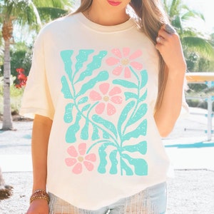 Pastel Retro Flowers Tee, Colorful Graphic Tshirt, Comfort Colors, Ivory, Unisex Fit, Size S-3XL