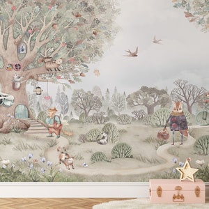 Fairy Tree house Nursery Wallpaper | Fairytale Forest Animals Wall Mural Peel Stick | Kids Room Decor Floral Wallpaper Woodland Wall Mural