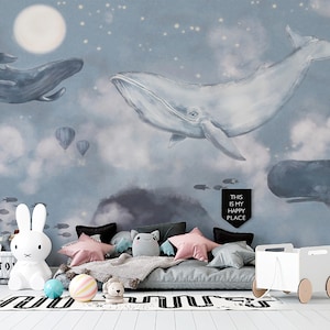 Whales & Hot Air Balloon Nursery Wallpaper: Peel and Stick Space Mural