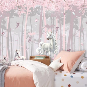 Fairytale Nursery Wallpaper Peel and Stick | Fairies And Unicorn Nursery Wallpaper | Magical Pink Forest Mural | Girls Room Decor Wallpaper