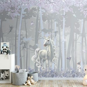 Unicorn Nursery Wallpaper: Fairies, Pink Forest, Peel and Stick