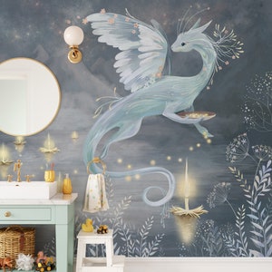 Blue Dragon Nursery Wallpaper: Self Adhesive Removable Wall Mural