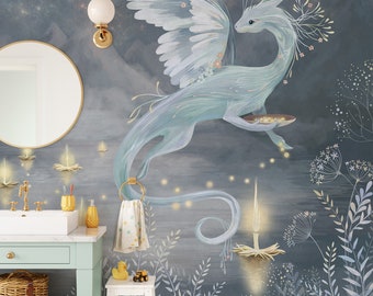 Kids Dragon Wall Art Wallpaper, Blue Dragon Nursery Wallpaper For Girls Room, Self Adhesive Removable Wall Mural, Wallpaper Gifts for Girls