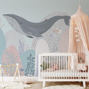 Under The Sea Nursery wallpaper | Ocean Life Wall Art Watercolor Fish Wall Decor Marine Creatures Peel and Stick | Whales Nursery Wallpaper