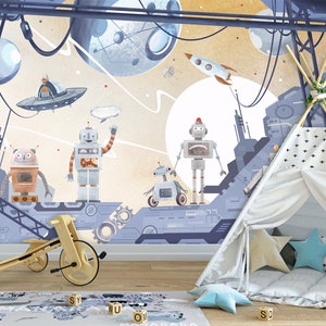 Carta da parati adesiva per bambini "Pianeta dei Robot", carta da parati acquerello per la cameretta dei ragazzi, murale per la cameretta dei bambini con simpatici robot, spazio e pianeti.