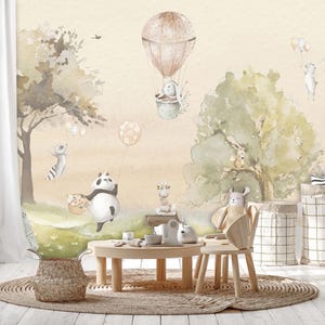 Panda Nursery Wallpaper Peel and Stick | Watercolor Cute Panda Jungle Animals Wall Mural | Self Adhesive Removable Baby Room Wallpaper Mural