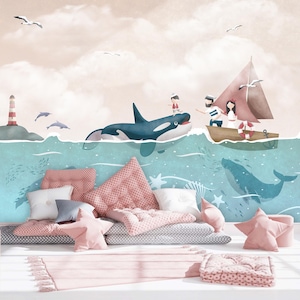Ocean Life Nursery Wallpaper: Whales, Ships, Lighthouse (Peel and Stick)