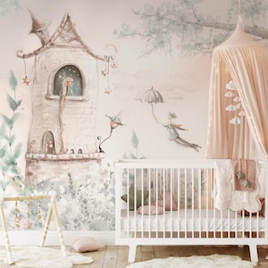 Princess Castle Nursery Wallpaper: Watercolor Flowers, Fairytale Forest Wall Mural