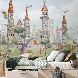 Castle with Dragon Wallpaper for Kids | Knight Wall Art Peel and Stick | Dragon Nursery Wallpaper Princess Castle | Magic Kingdom Wallpaper