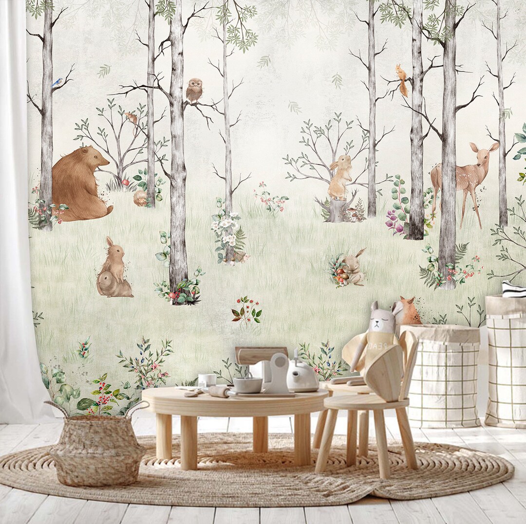 Forest Animals Nursery Wallpaper Woodland Wall Art Watercolor Trees
