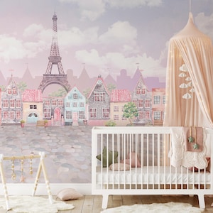 Watercolor Paris Eiffel Tower Wallpaper | Girls Room Decor Peel and Stick | Self Adhesive Removable Kids Room Wall Mural