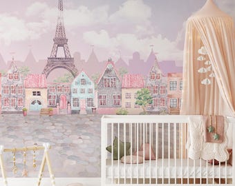 Watercolor Paris Eiffel Tower Wallpaper | Girls Room Decor Peel and Stick | Self Adhesive Removable Kids Room Wall Mural