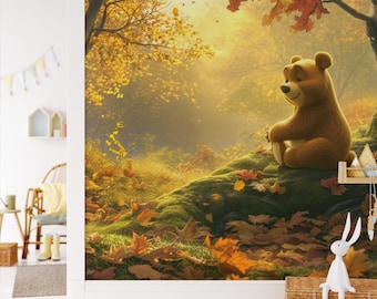 Winnie the Pooh Autumn Forest HD Wallpaper, Kids Forest Landscape Self Adhesive Wall Mural Peel and Stick