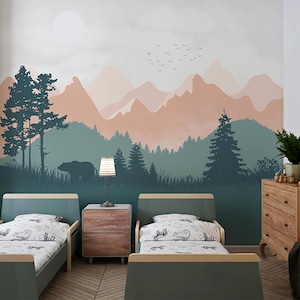Mountains Nursery Bear Wallpaper | Forest Trees Kids Woodland Wall Art Wall Mural | Easy Removable Self Adhesive Kids Wallpaper Peel Stick