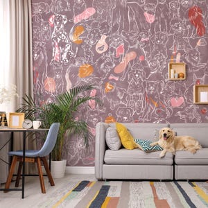 Dog Wallpaper Peel and Stick | Kids Wallpaper Hand Drawing Dogs Wall Mural Cute Cartoon Dog Family Wallpaper | Nursery Dog Breeds Wallpaper