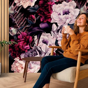 Dark Peony Floral Wallpaper: Moody Watercolor Peel and Stick Mural