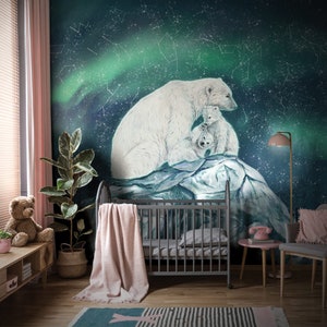 Polar Bear Wall Art Nursery Wallpaper | Northern Lights and Constellations Wall Mural | Baby Boy Wallpaper | Wild Animals Kid Room Wallpaper