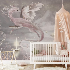 Kinder Drachen Wandkunst Tapete, Drachen Kinderzimmer Tapete für Mädchenzimmer, selbstklebendes entfernbares Wandbild, Tapetengeschenke für Mädchen