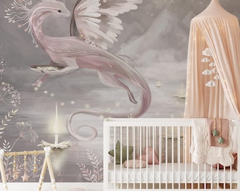 Kids Dragon Wall Art Wallpaper, Dragon Nursery Wallpaper For Girls Room, Self Adhesive Removable Wall Mural, Wallpaper Gifts for Girls