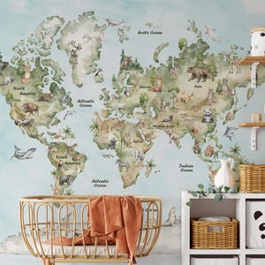 Educational Watercolor World Map Wallpaper for Kids | Animals Nursery Wallpaper Peel and Stick | Nursery Wall Art Decor Kids Room Wall Mural