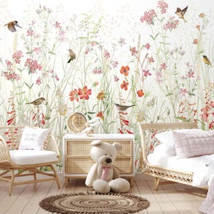 Meadow Floral Wallpaper Peel and Stick | Wild Flower Wallpaper | Flower Wallpaper for Girls Room | Wallpaper for Little Girls Room