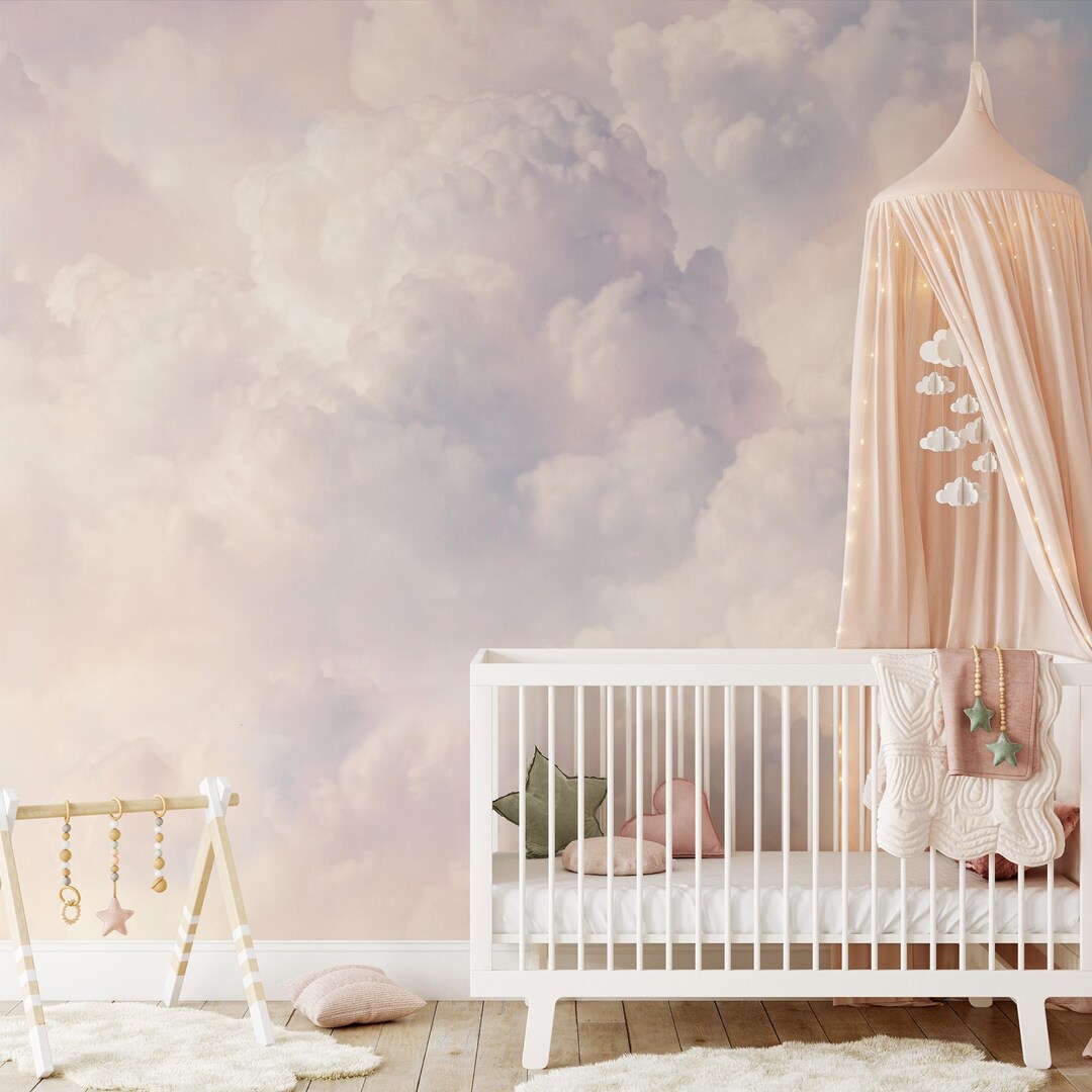 Kids Wallpaper for Girls Pink and Cloud Sky Wall Mural Peel and Stick ...
